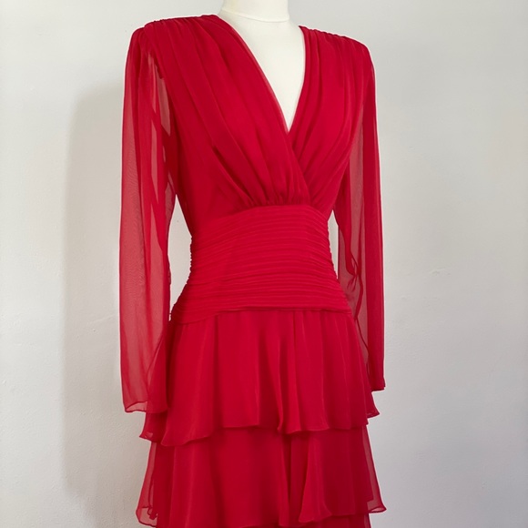 Vintage Miss Elliette Red Organza Ruffle Midi Dress - Picture 1 of 16
